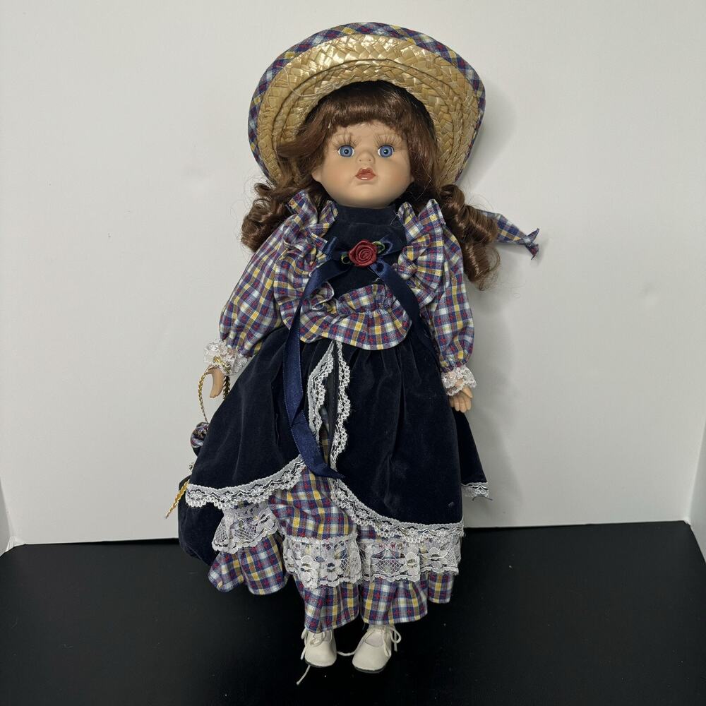 Porcelain Doll with Brown Hair Blue Eyes Straw Hat Blue Red‎ Yellow White Dress